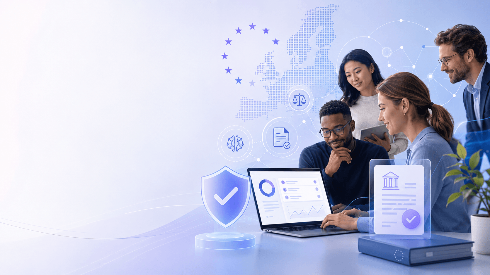 Equipo empresarial evaluando el uso responsable y el cumplimiento normativo de la inteligencia artificial en Europa.